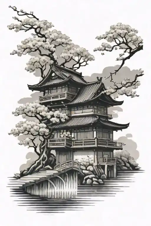 Japanese House With Cherry Blossom And Bridge Over Water