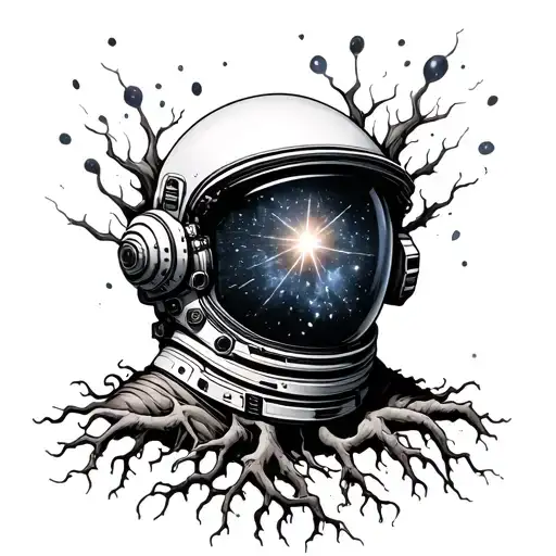 Astronaut Helmet In Galaxy With Roots Coming Out Of The Helmet