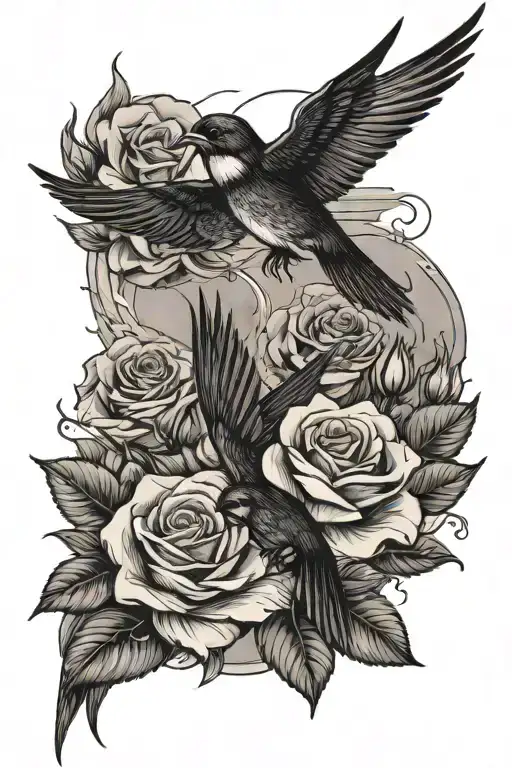 Two Swallows With Roses In Their Mouths Flying Over The Mountains With Sunset In The Background