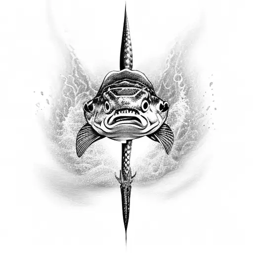 A Black-grey Tattoo Of A Pike Fish Jumping Out Of The Water With A Fishing Hook In Its Mouth