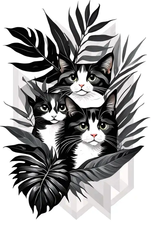 Hidden Cats In A Tropical Leaves Arrangement With A Geometric Background Organically Shaped