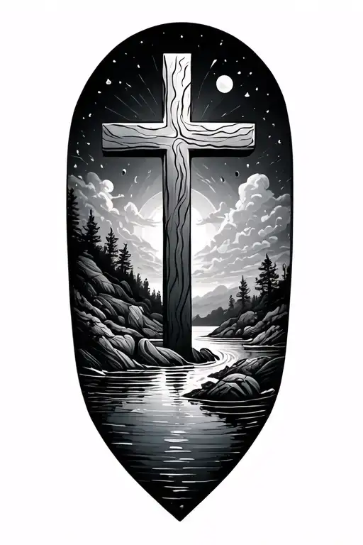 Landscape Tattoo Featuring A Cross Made From Water