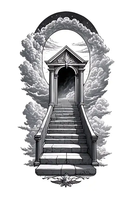 Gates Of Heaven With Clouds And Staircase Circling Around Arm