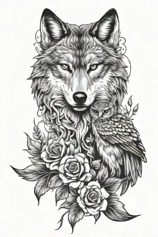 Wolf And Owl With Flowers Blooming