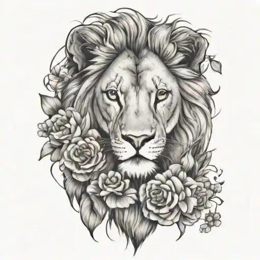 Female Lion With Cub Flowers Around