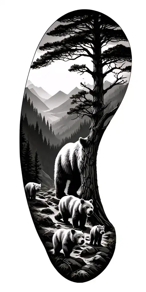 Landscape Pine Tree With Bear And Cubs Walking Across