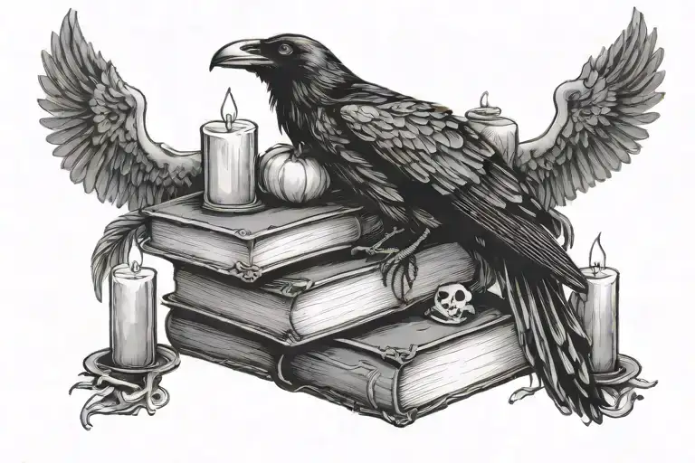 Raven Perched On A Stack Of 3 Spell Books With Skull Two Candles Positioned On Either Side