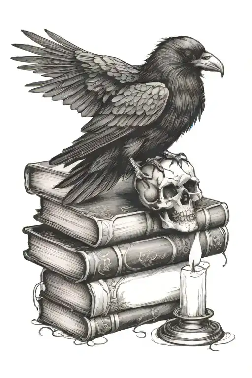 Raven Perched On A Stack Of 3 Spell Books With A Skull And Two Candles Positioned On Either Side