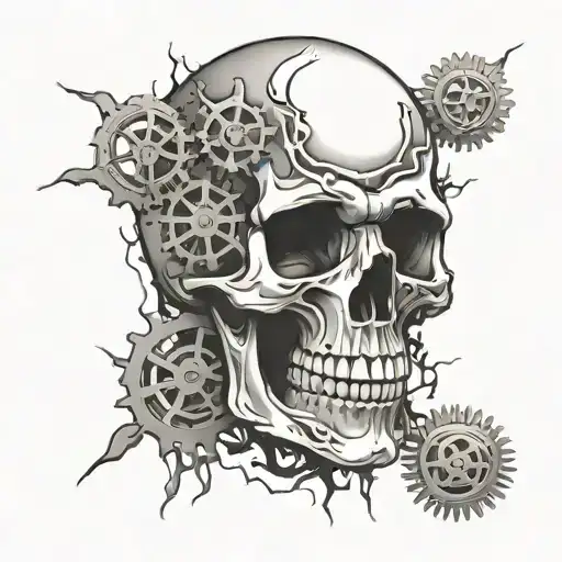 Skeleton Skull With Gears Inside And Cracks In Skull