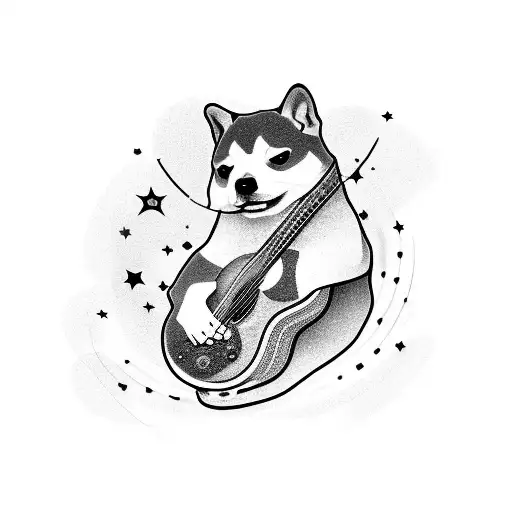 A Shiba Inu Playing A Guitar Under A Starry Night Sky