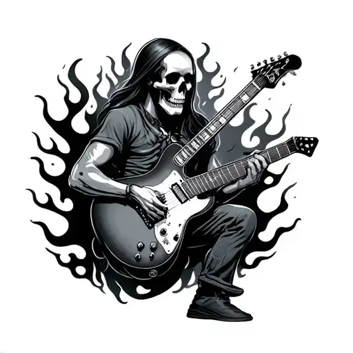 Skeloton Playing An Electic Guitar With Flames