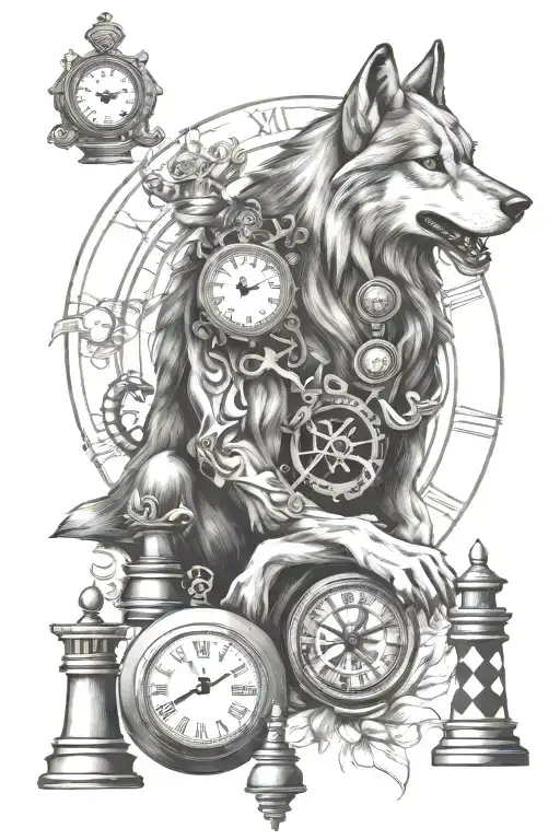 Wolf And Clock And Chess Piece