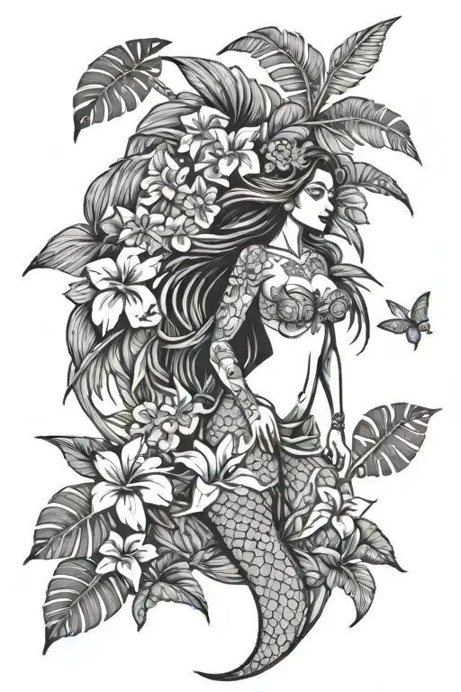 Mermaid With Coconuts Palm Tree And Hibiscus Flower