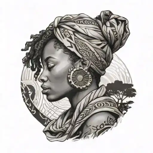 A Side-profile Of A Black Woman Wearing A Scarf And Embedded In The Continent Of Africa