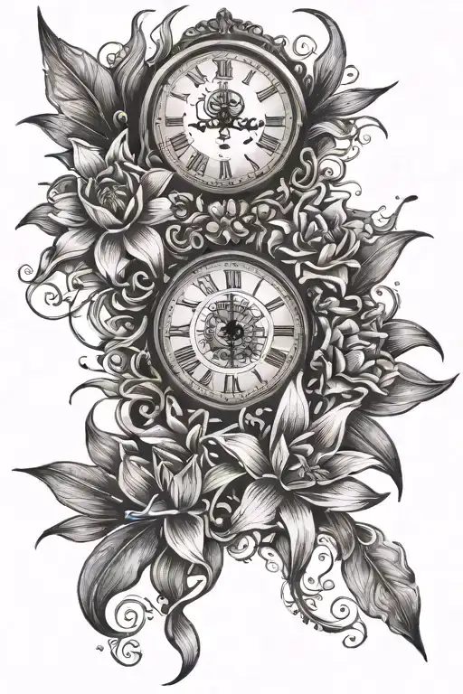 Clock And Lillys And Sun Setting