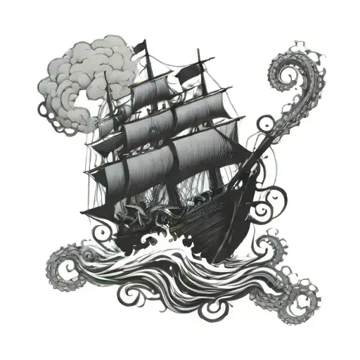 Elritch Octopus Fighting A Ship Sailing Through Stormy Weather