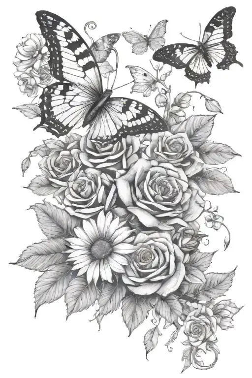 Snake And Butterfly With Roses And Daisys