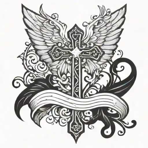 Simple Cross With Angel Wings And Vines On Arm