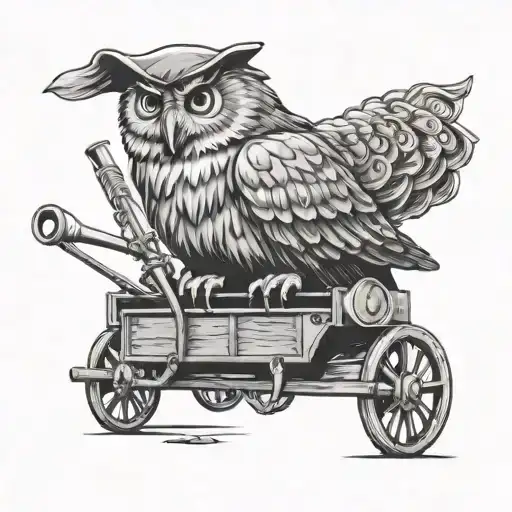 Wizard Owl Facing Forward With An Old Wagon Looming In The Background Loaded With Rifles