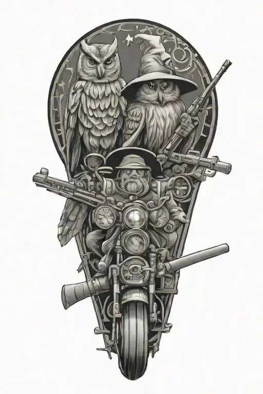 Wizard Owl And Covered Wagon With Rifles Behind Representing Andrew Pickens And Daniel Morgan
