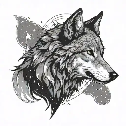 Drawing Of Wolf And Star In The Sky