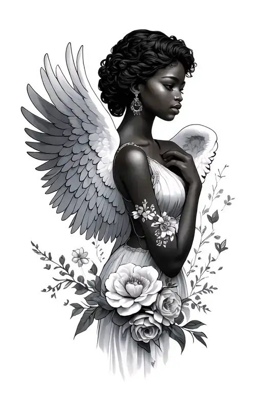 Black Woman Angel Wings With Flowers
