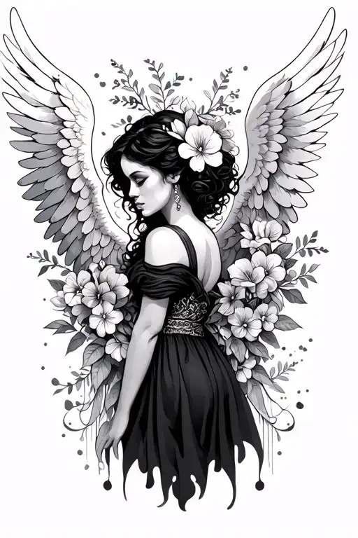 Black Woman Angel Wings With Flowers