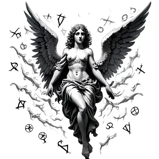 Falling Angel With Wings Surrounded By Runes Engraved