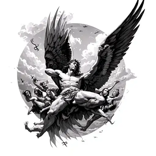 Icarus Falling From The Sky Surrounded By Nordic Runes