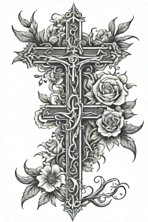Cross Surrounded By Flowers With Crown Of Thorns