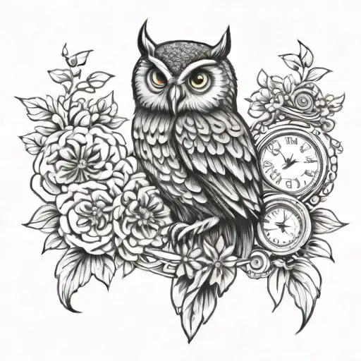 Owl With Pocket Watch And Compass And Flowers Growing