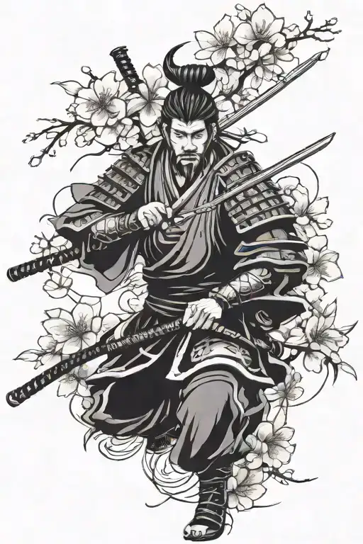 Samurai And Sakura Flowers