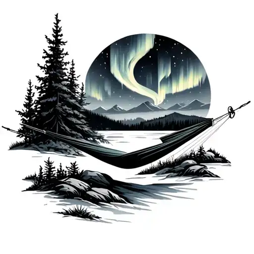 Color Tattoo Of Hammock Outside With Northern Lights In The Sky