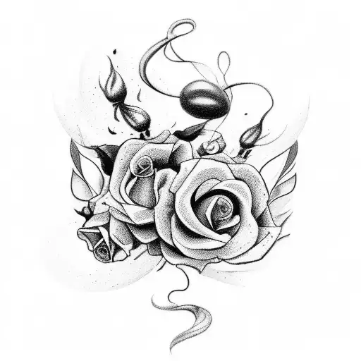 An Artistic Tattoo Design Of A Horse Race Starting Line Intertwined With Coffee Beans And Roses
