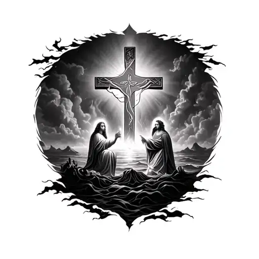 Christian Cross With The Burning Bush And Moses Parting The Red Sea