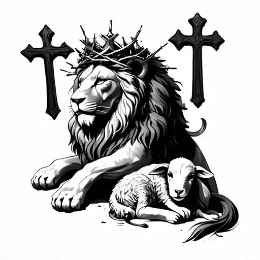 Lion With Crown Of Thorns Protecting A Lamb 3 Crosses