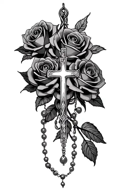 Roses With Cross On Front With Rosary Wrapped