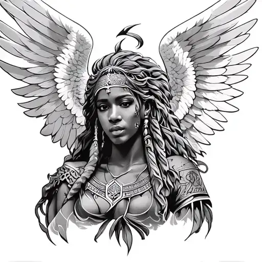 Winged African Angel Warrior Tattoo Design