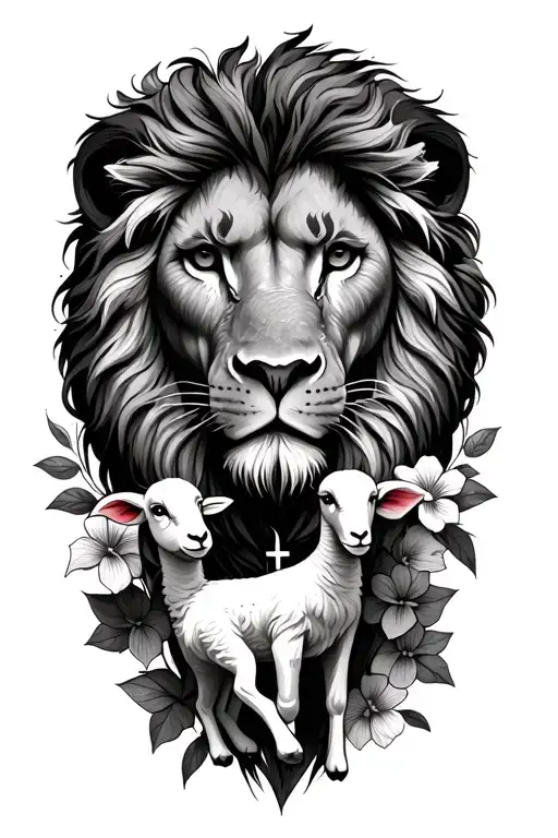 Face Of Lion With A Lamb And Cross In Background With Flowers