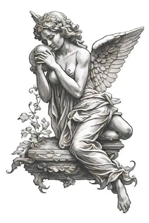 Female Angelic Statue Supporting A Very Heavy Stone On Her Back