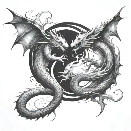 Sketch Of Two Dragons In As Ying Yang Blowing Fire At Each Other In The Shape Of A Broken Heart