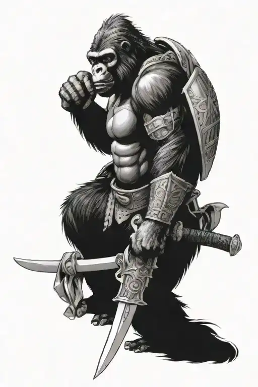 Gorilla In Armor With Sword And Helmet In Japanese Style Of Realism And Graphics