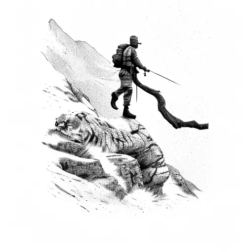 A Silhouette Of A Soldier Hiking Up A Mountain With A Tiger Following Behind