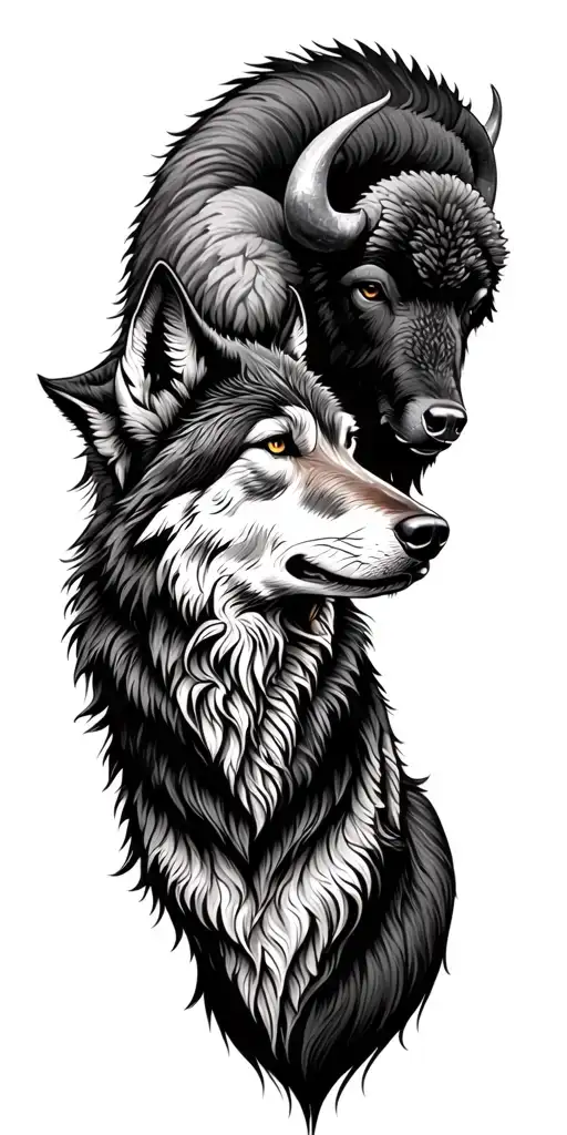 Wolf With Buffalo Surrounded