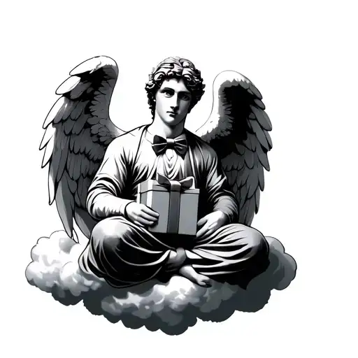 Male Angel Holding A Beautifully Wrapped Gift With A Bow Tie The Angel Sits On A Cloud