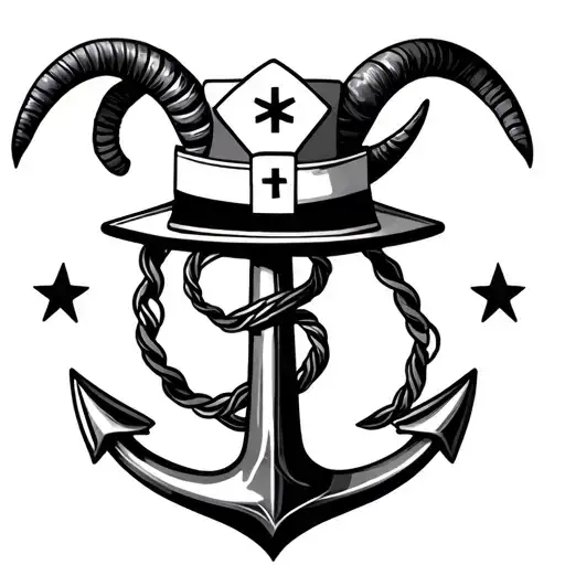 Ship Anchor And Nurse Hat At Top With Capricorn Sign Minimalist