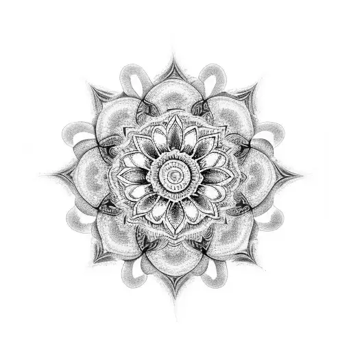 A Black And Grey Tattoo Of A Mandala With Lilies Intertwined In The Design