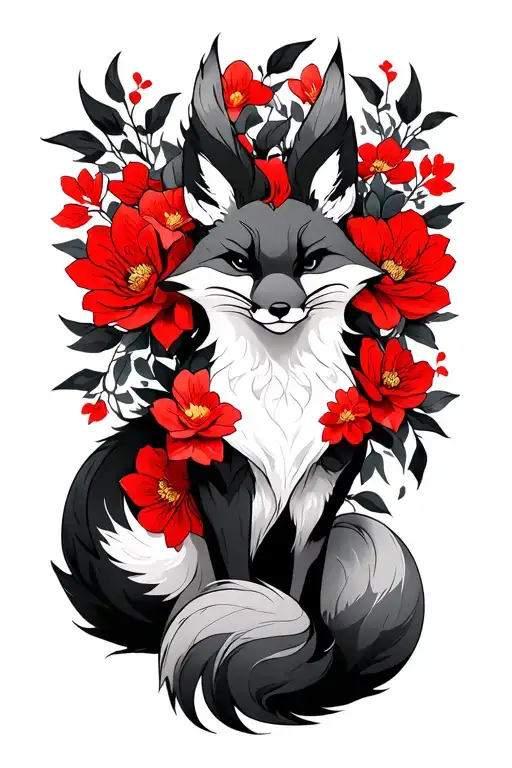 Fox Kitsune With Nine Tails And Red Flowers