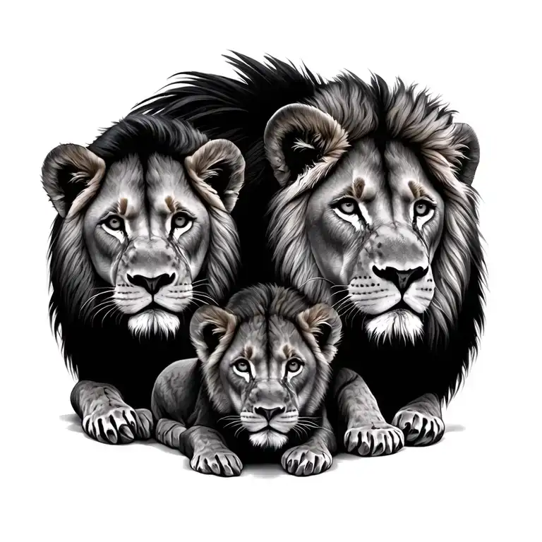Adult Lions And Three Cubs Face Only
