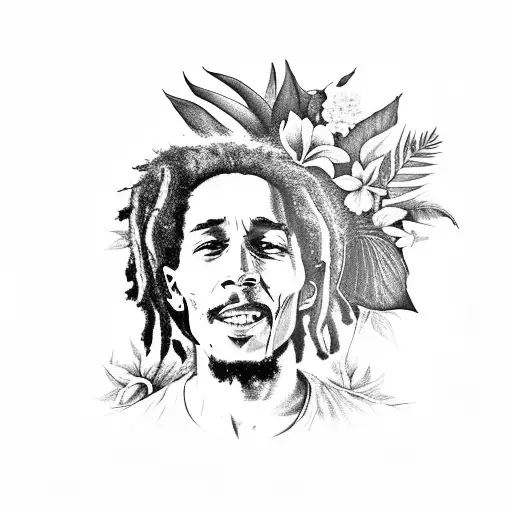 A Black And Grey Portrait Of Bob Marley Surrounded By Tropical Flowers And Butterflies